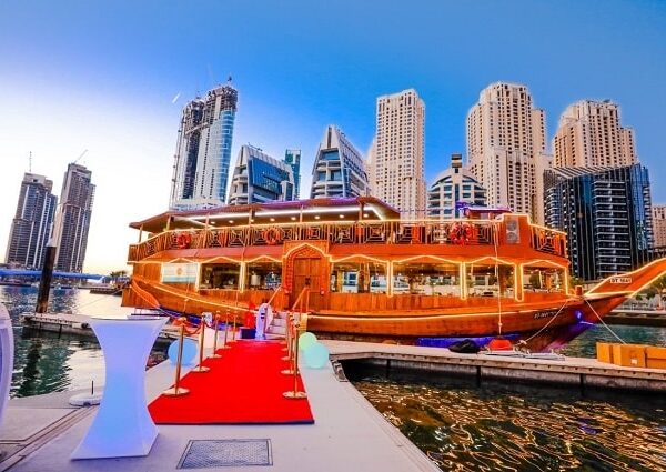 Red Carpet Entrance on a Dhow cruise Dubai Marina tour