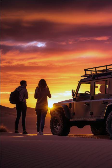 A young couple enjoys a peaceful moment on a sand dune, watching a stunning sunset during the vip evening desert safari dubai. The sky is illuminated with warm shades of orange and pink, providing a picturesque backdrop to the expansive desert scenery. The couple appears relaxed and happy, fully immersed in the beauty of the moment.