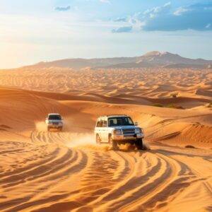 adventurous desert safari sharjah with 4x4 vehicles traversing golden sand dunes in sharjah dubai