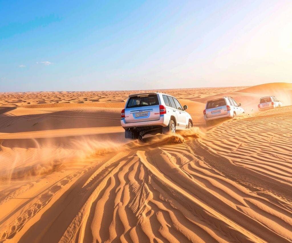 Adventurous vip desert safari dubai tour with 4x4 vehicles traversing golden sand dunes dubai