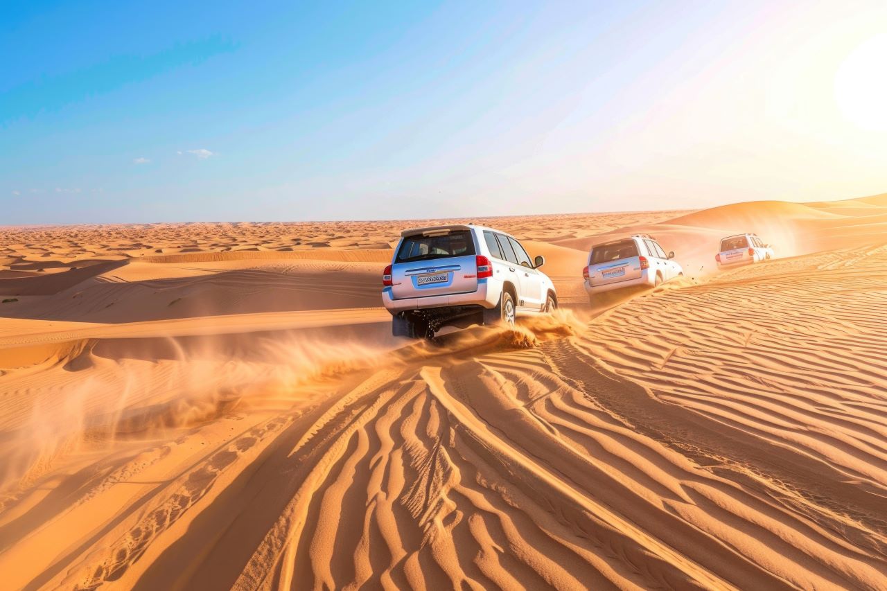 4x4 vehicles traversing golden sand dunes on a VIP desert safari Dubai tour