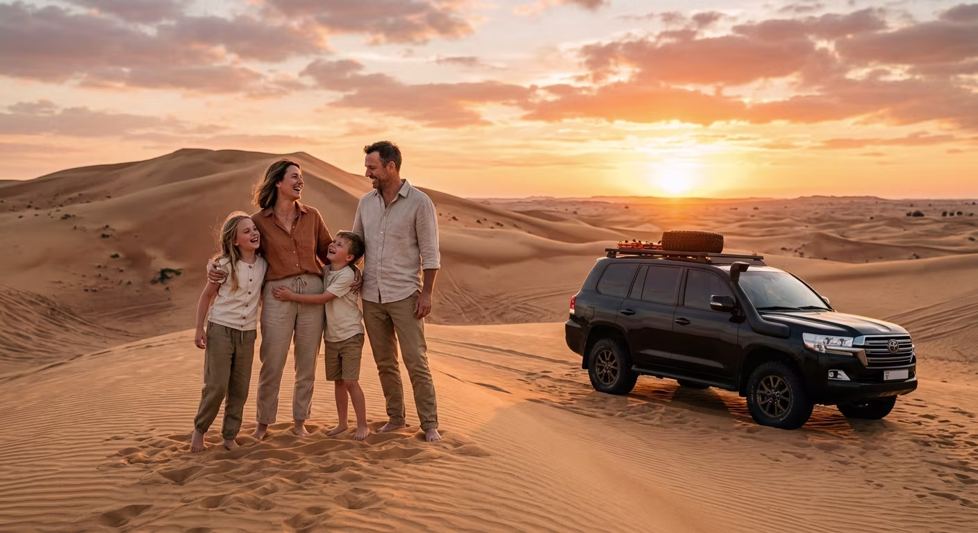 Family enjoying Dubai desert safari experience at sunset